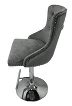 Dark Grey Velvet Bar Stool with Lion Knocker and Chrome Pedestal Base