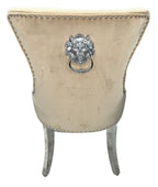 Cream Velvet Dining Chair with Lion Knocker and Chrome Legs