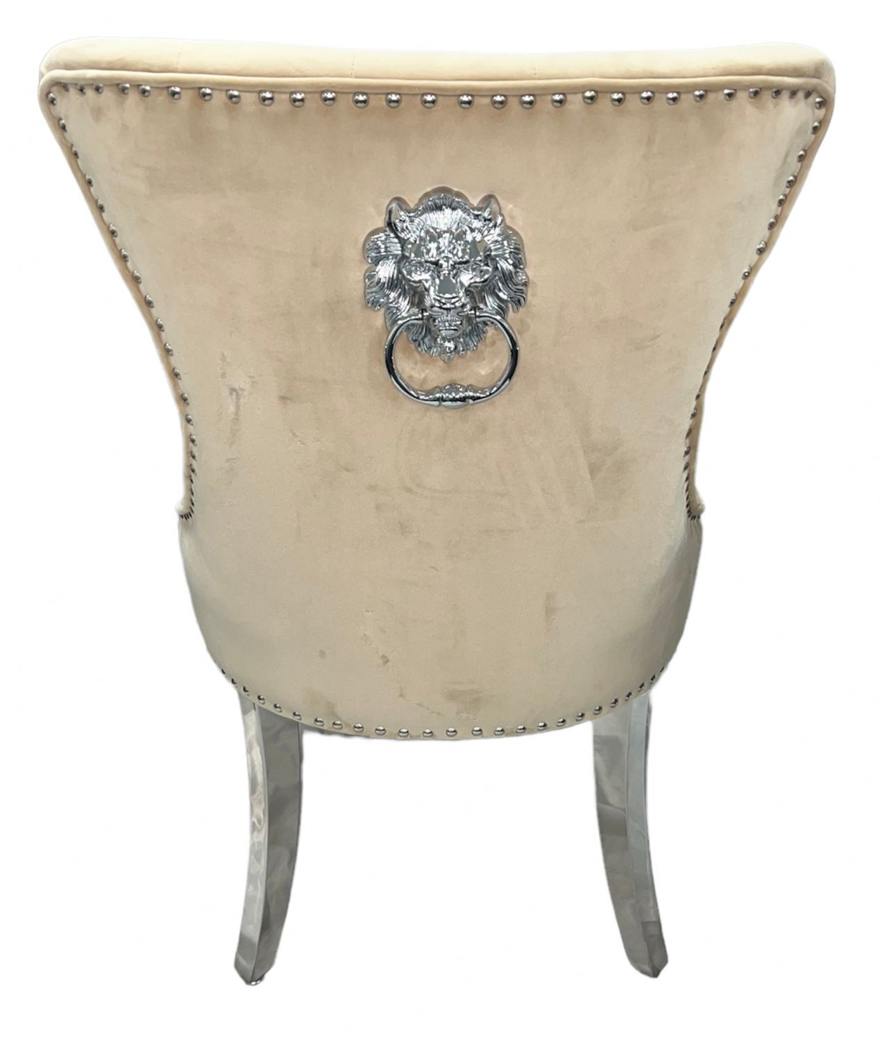 Cream Velvet Dining Chair with Lion Knocker and Chrome Legs