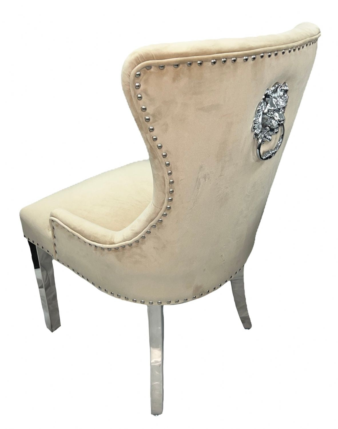 Cream Velvet Dining Chair with Lion Knocker and Chrome Legs