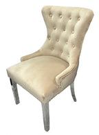 Cream Velvet Dining Chair with Lion Knocker and Chrome Legs