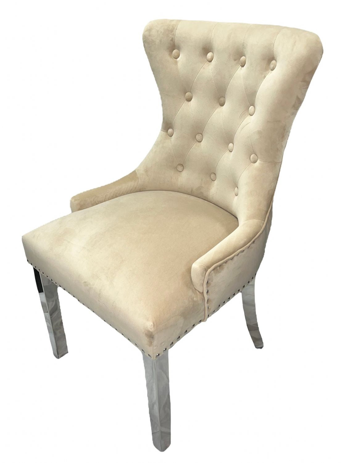 Cream Velvet Dining Chair with Lion Knocker and Chrome Legs