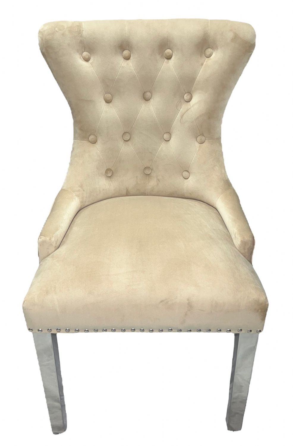 Cream Velvet Dining Chair with Ring Knocker and Chrome Legs