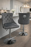 Dark Grey Velvet Bar Stool with Lion Knocker and Chrome Pedestal Base