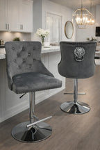 Dark Grey Velvet Bar Stool with Lion Knocker and Chrome Pedestal Base