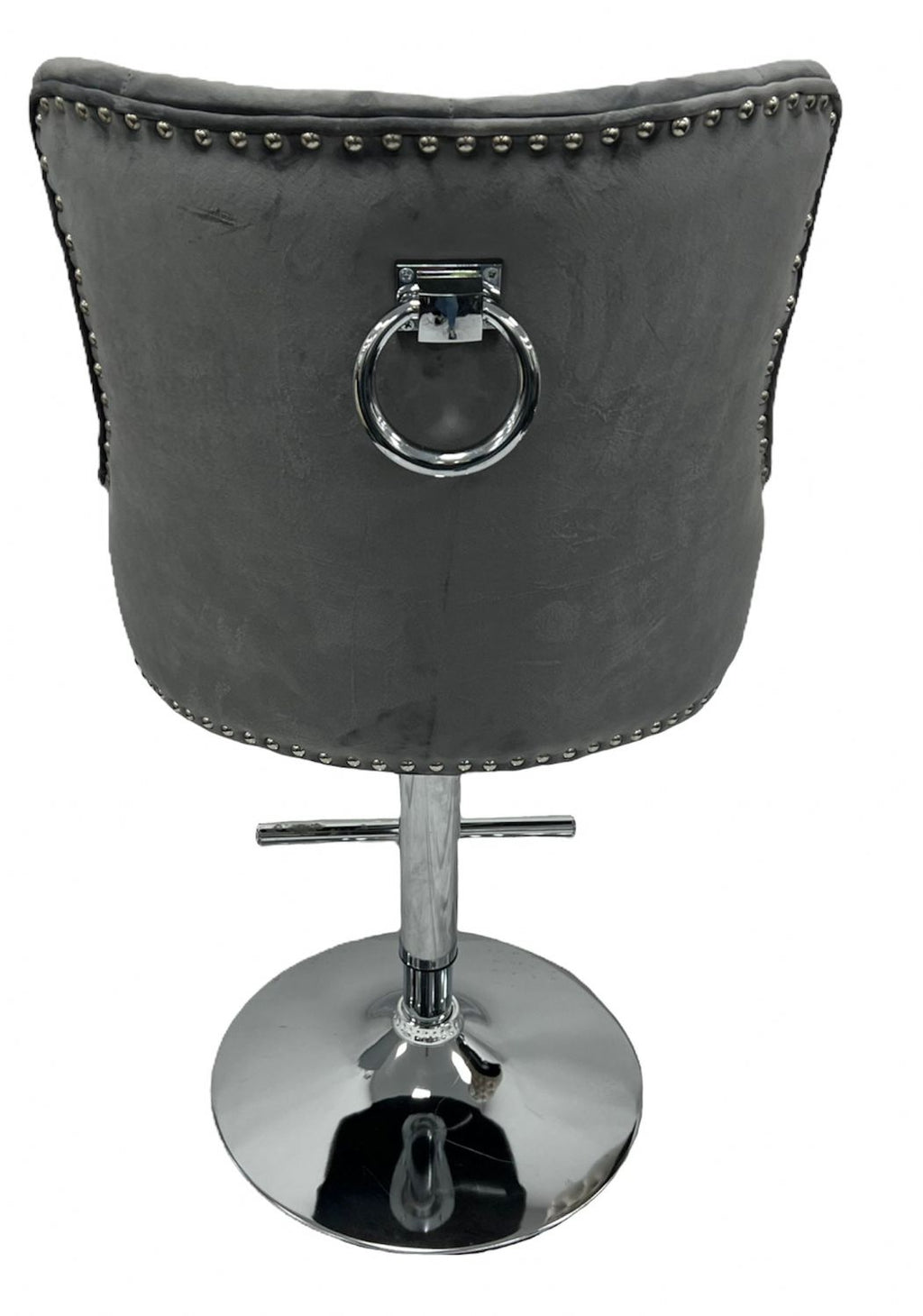 Dark Grey Velvet Bar Stool with Chrome Base and Ring Knocker Detail
