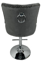 Dark Grey Velvet Bar Stool with Chrome Base and Ring Knocker Detail