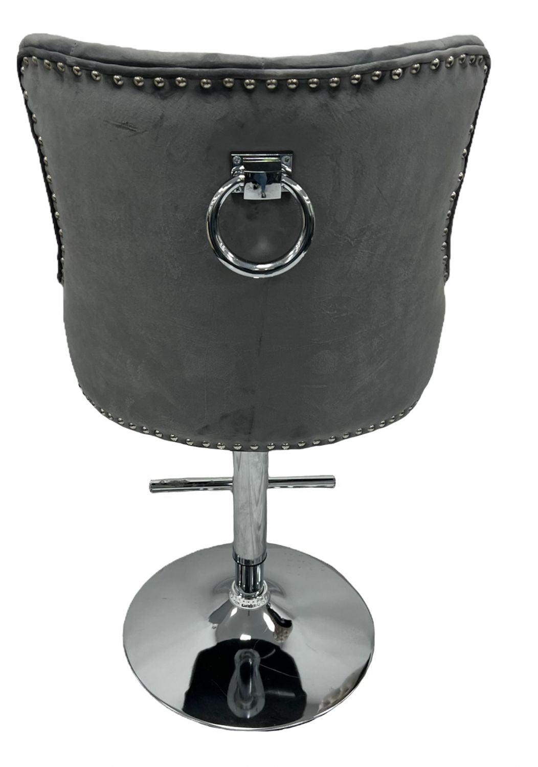 Dark Grey Velvet Bar Stool with Chrome Base and Ring Knocker Detail
