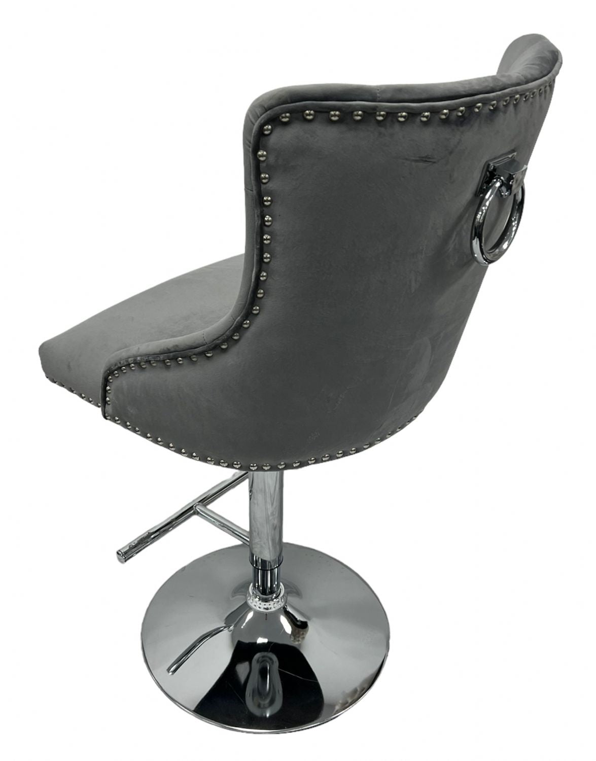 Dark Grey Velvet Bar Stool with Chrome Base and Ring Knocker Detail