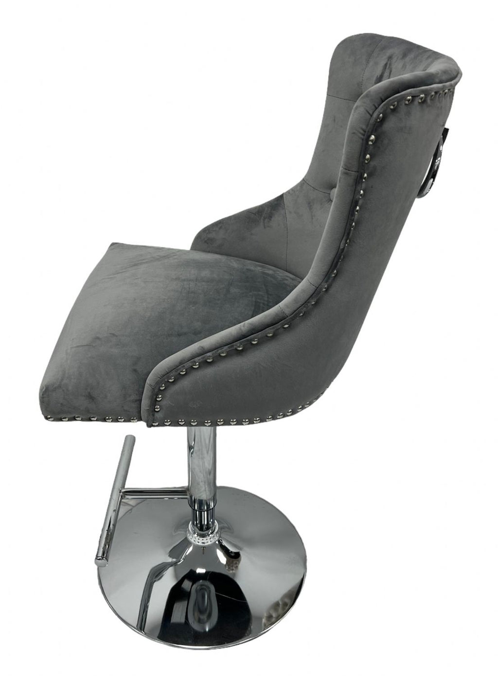 Dark Grey Velvet Bar Stool with Chrome Base and Ring Knocker Detail