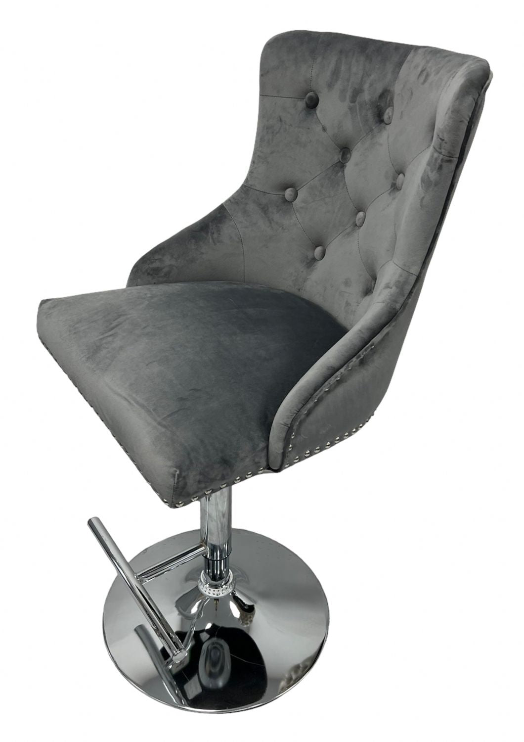Dark Grey Velvet Bar Stool with Chrome Base and Ring Knocker Detail