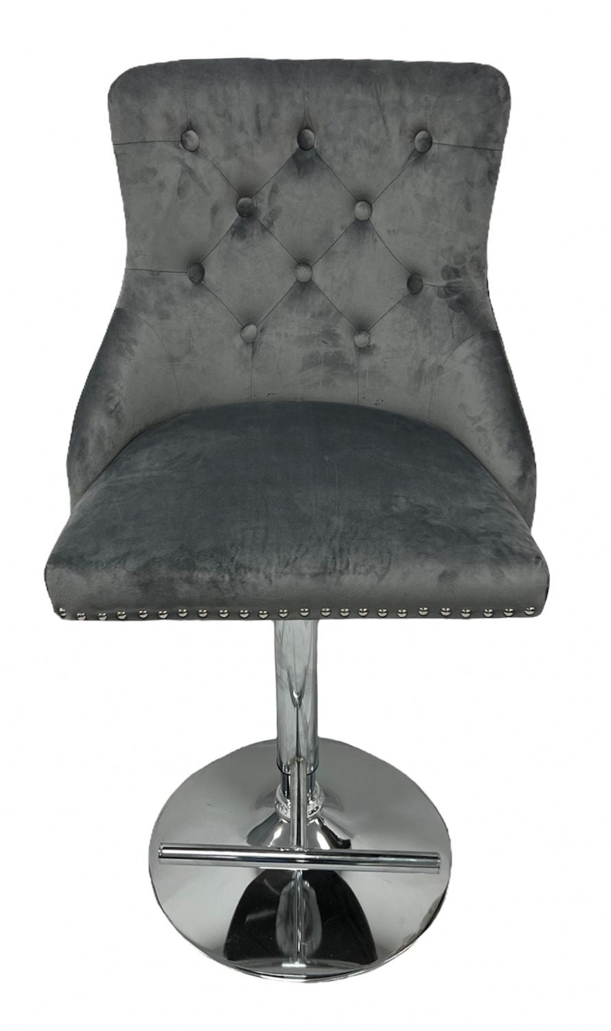 Dark Grey Velvet Bar Stool with Chrome Base and Ring Knocker Detail