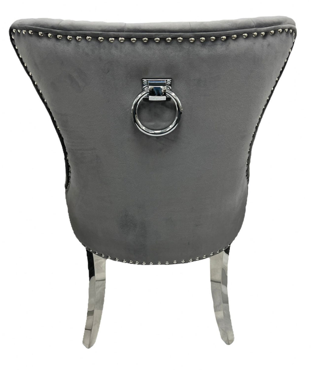Dark Grey Velvet Dining Chair with Ring Knocker and Chrome Legs