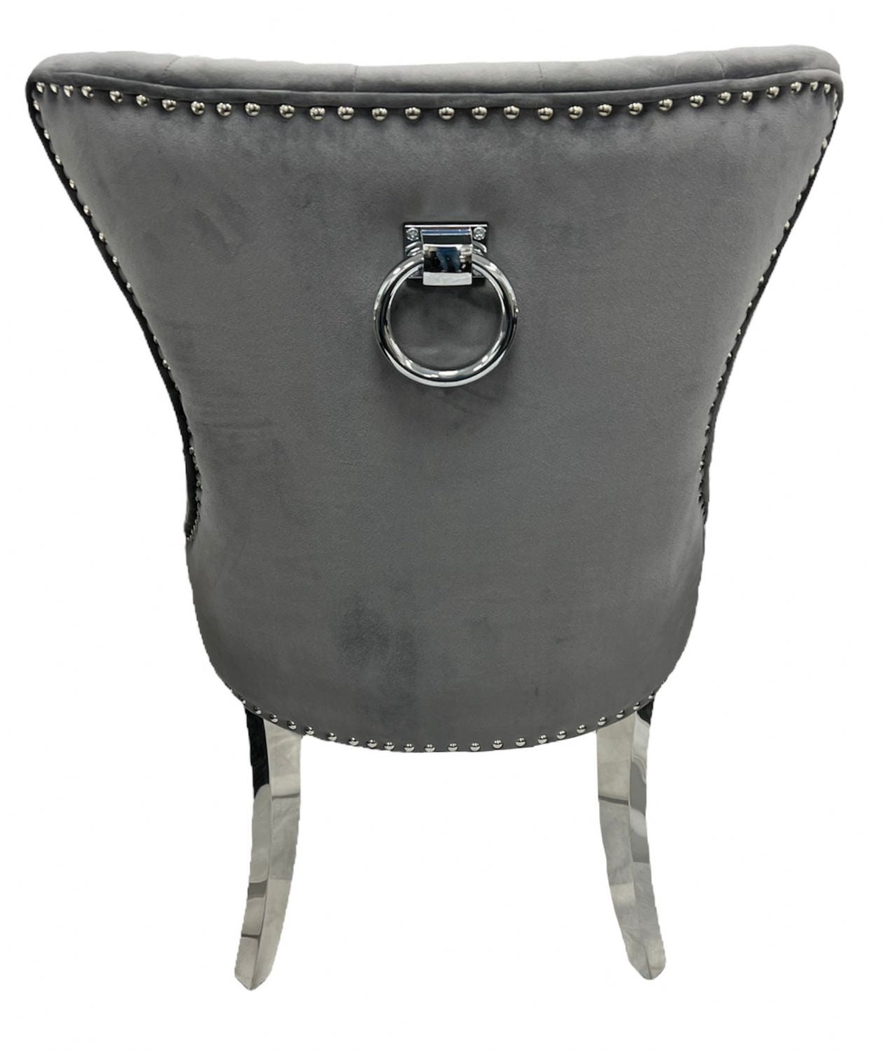Dark Grey Velvet Dining Chair with Ring Knocker and Chrome Legs