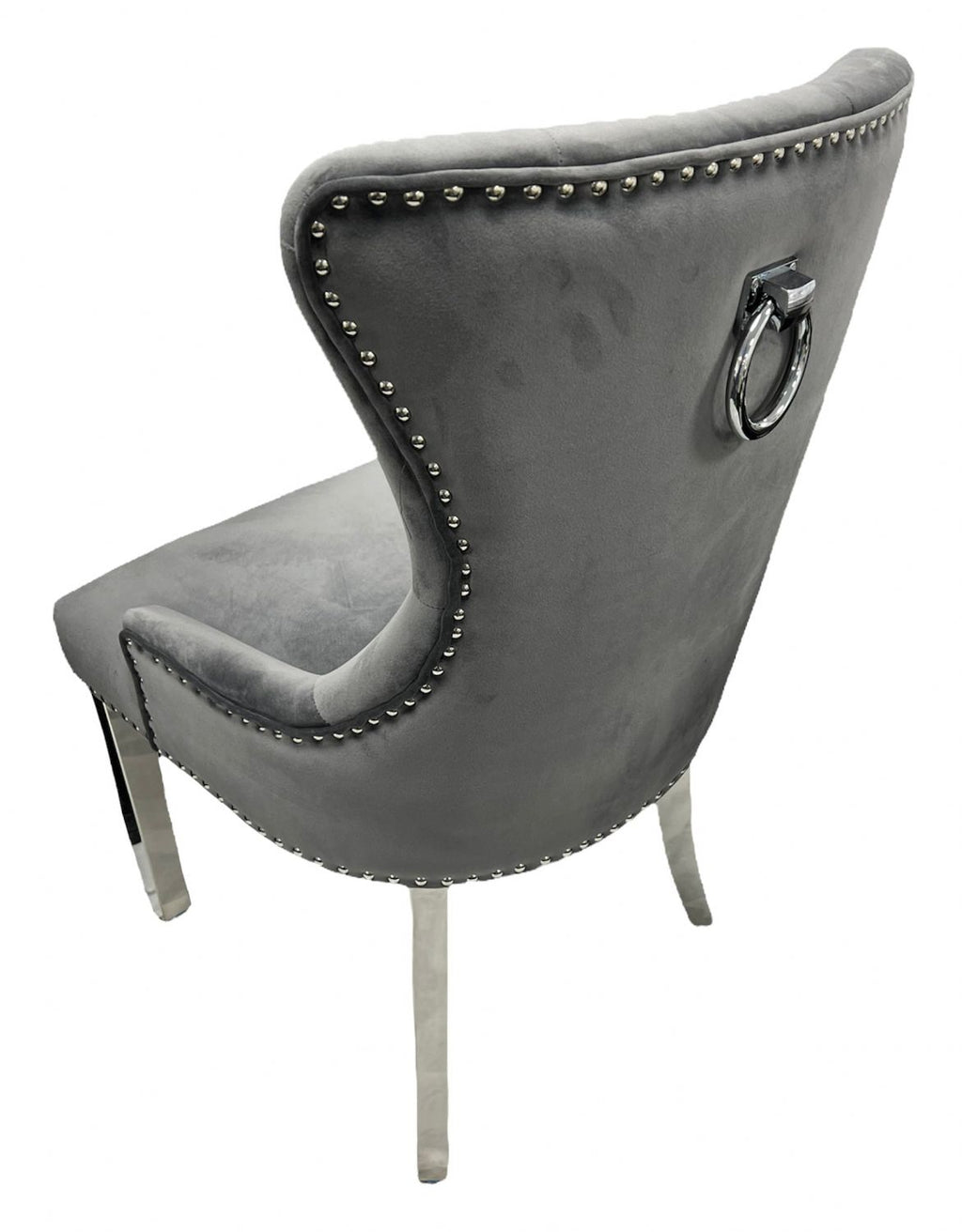 Dark Grey Velvet Dining Chair with Ring Knocker and Chrome Legs