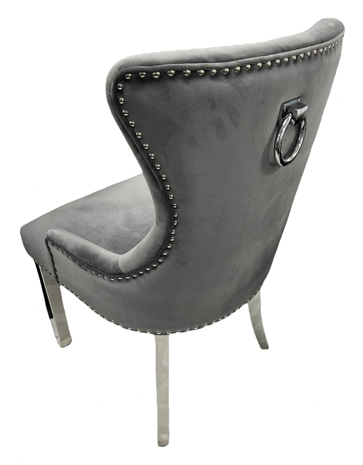 Dark Grey Velvet Dining Chair with Ring Knocker and Chrome Legs