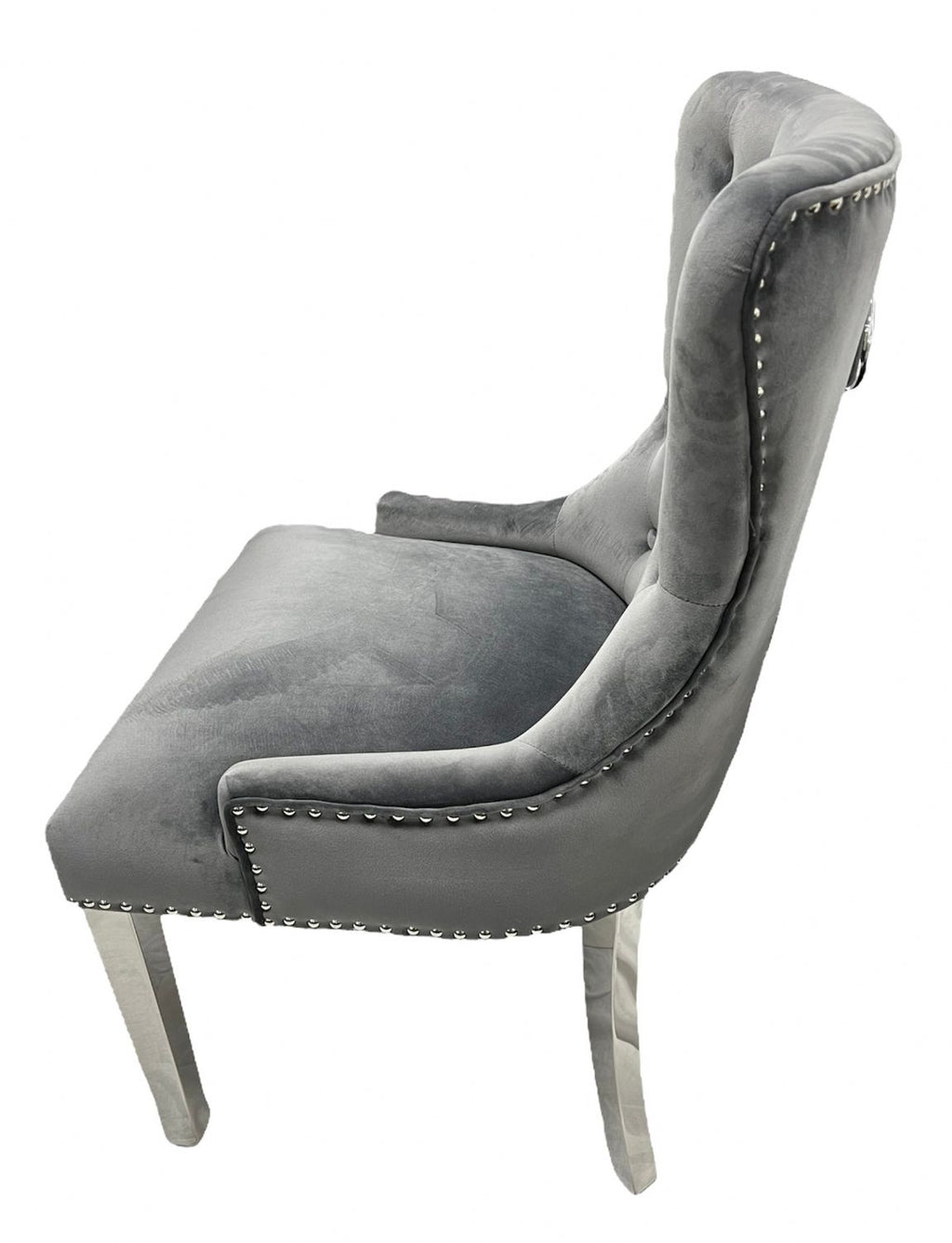 Dark Grey Velvet Dining Chair with Ring Knocker and Chrome Legs