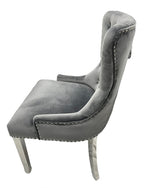 Dark Grey Velvet Dining Chair with Ring Knocker and Chrome Legs