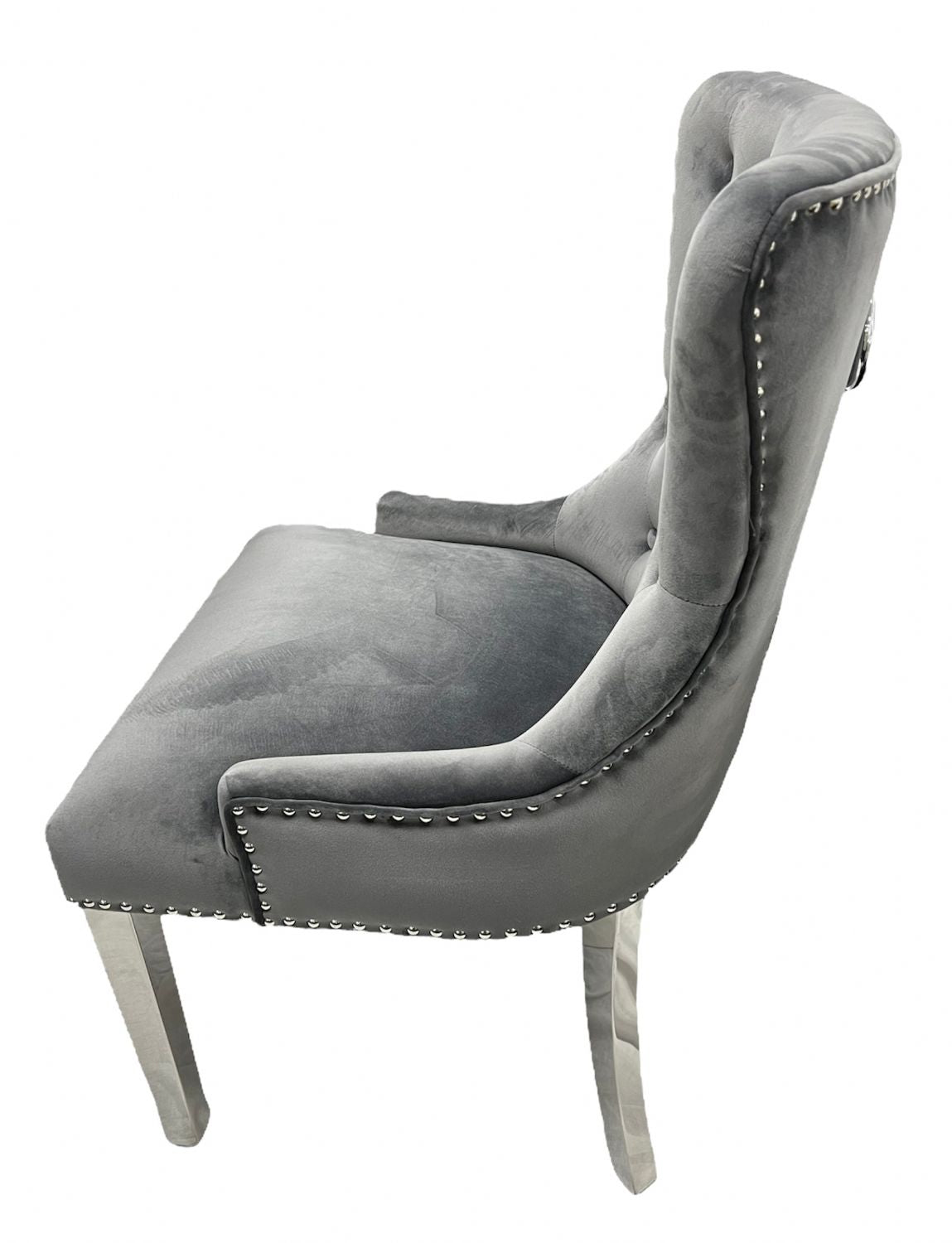 Dark Grey Velvet Dining Chair with Ring Knocker and Chrome Legs