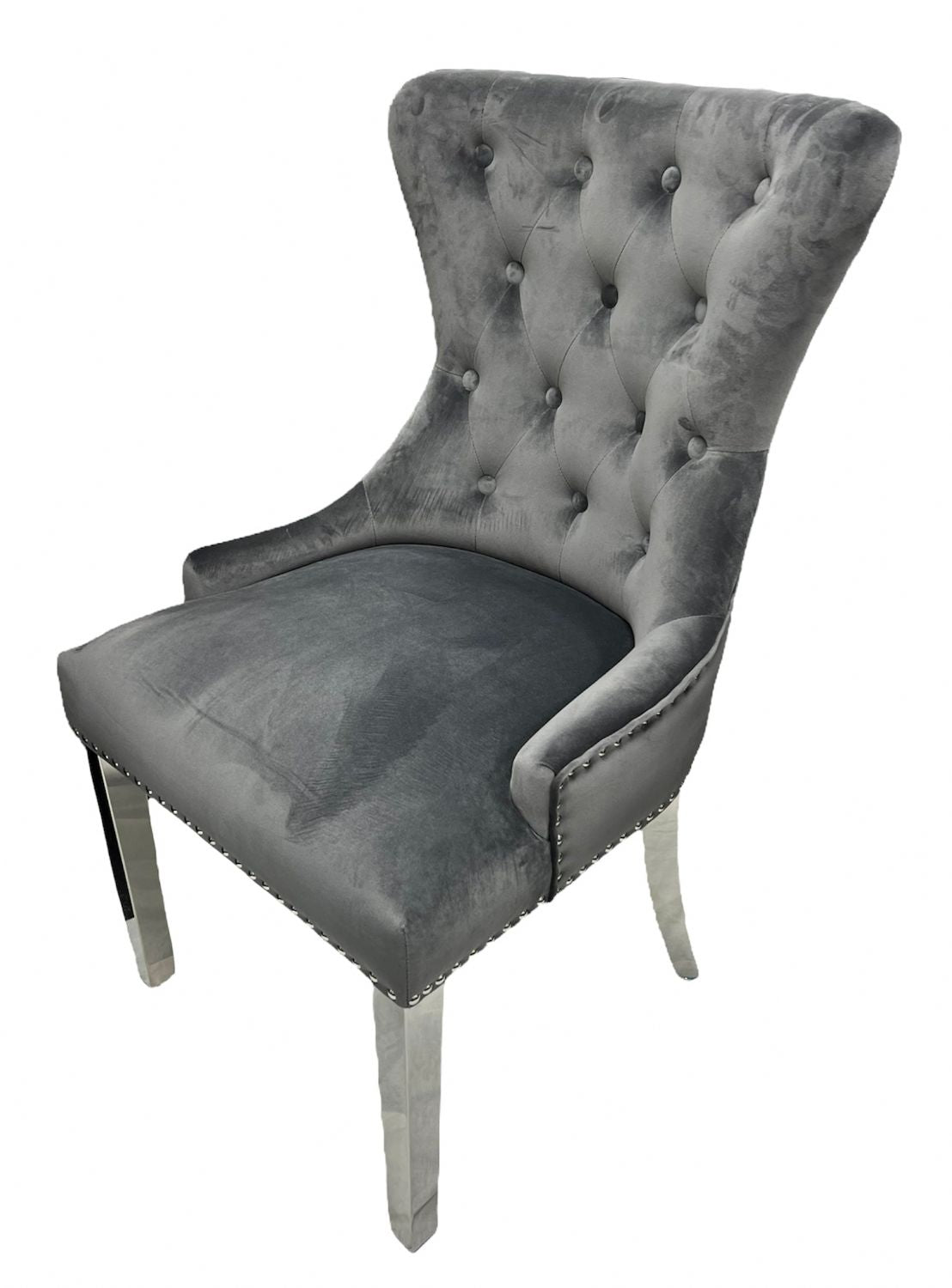 Dark Grey Velvet Dining Chair with Ring Knocker and Chrome Legs