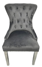 Dark Grey Velvet Dining Chair with Ring Knocker and Chrome Legs