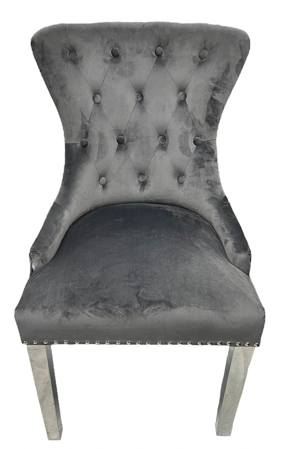 Dark Grey Velvet Dining Chair with Ring Knocker and Chrome Legs