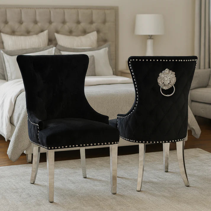 Black Velvet Dining Chair with Lion Knocker and Chrome Legs