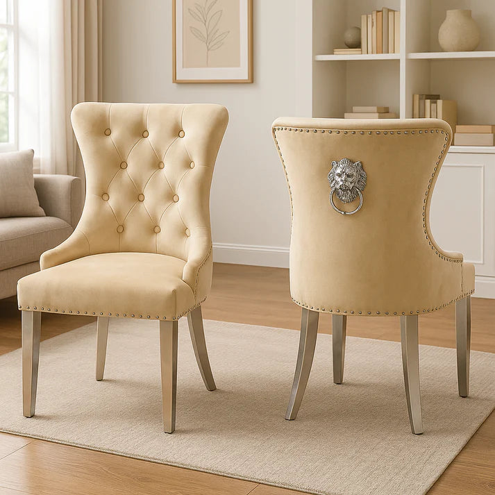 Cream Velvet Dining Chair with Lion Knocker and Chrome Legs