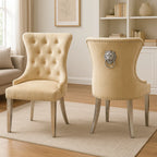 Cream Velvet Dining Chair with Lion Knocker and Chrome Legs