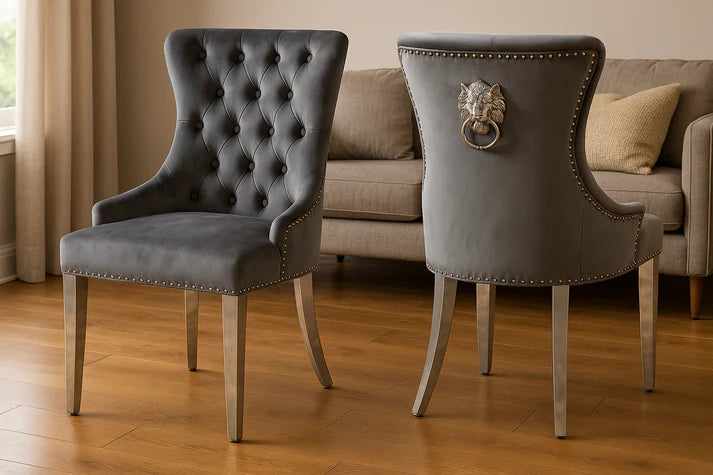 Dark Grey Velvet Dining Chair with Lion Knocker and Chrome Legs (Chelsea)