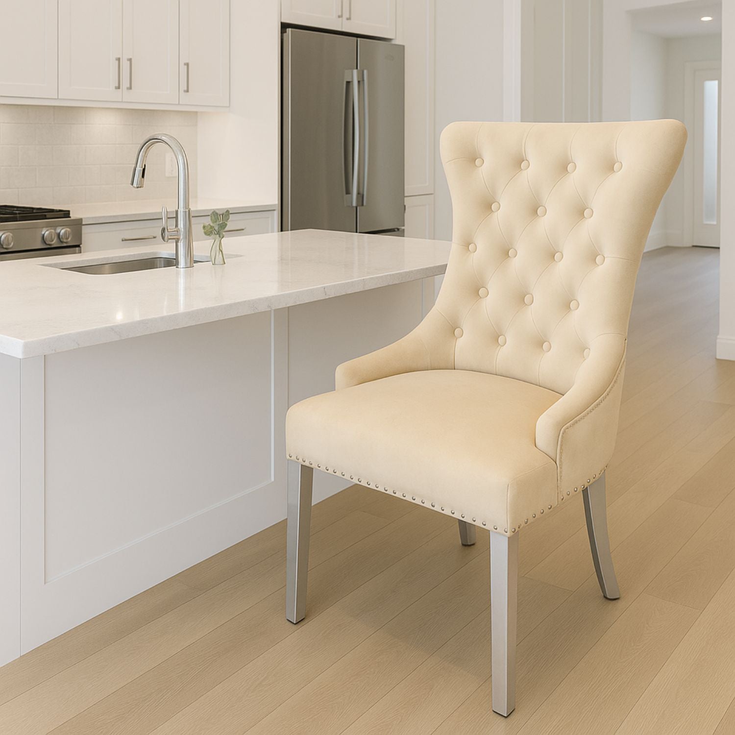 Cream Velvet Dining Chair with Ring Knocker and Chrome Legs