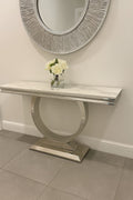 White Marble Effect 1.2m Console Table with Chrome Circular Pedestal Base