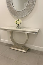 White Marble Effect 1.2m Console Table with Chrome Circular Pedestal Base