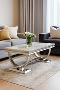 White Marble Effect Coffee Table with Chrome Circular Pedestal Base