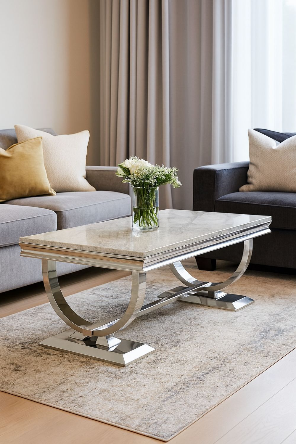 White Marble Effect Coffee Table with Chrome Circular Pedestal Base
