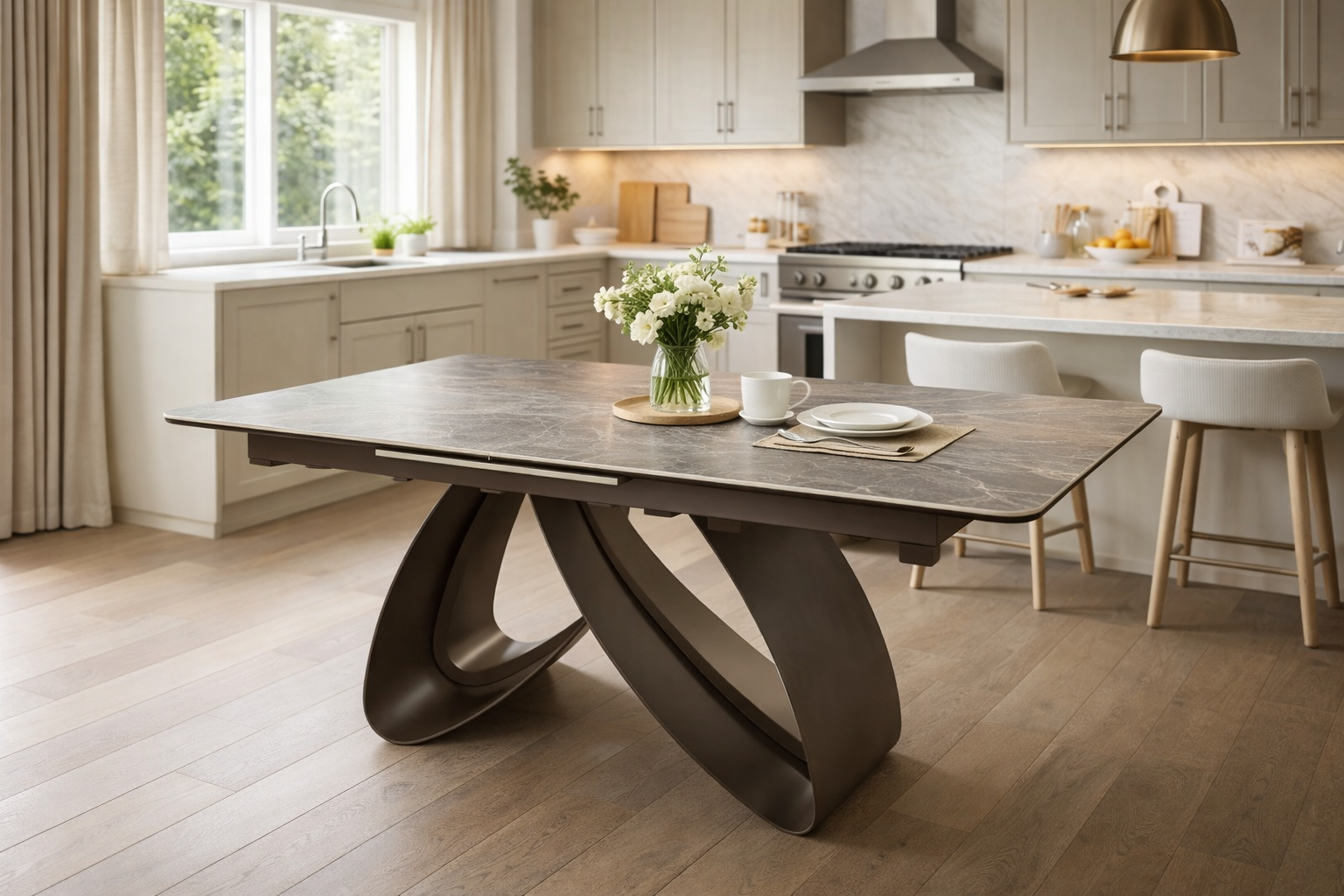 Ceramic Extending Dining Table with Metal Pedestal Base (Cheshire)
