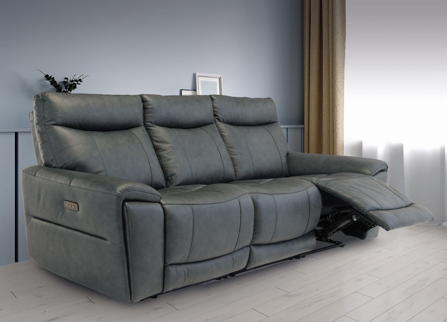 Blue Leather 3 Seater Electric High Back Recliner Sofa