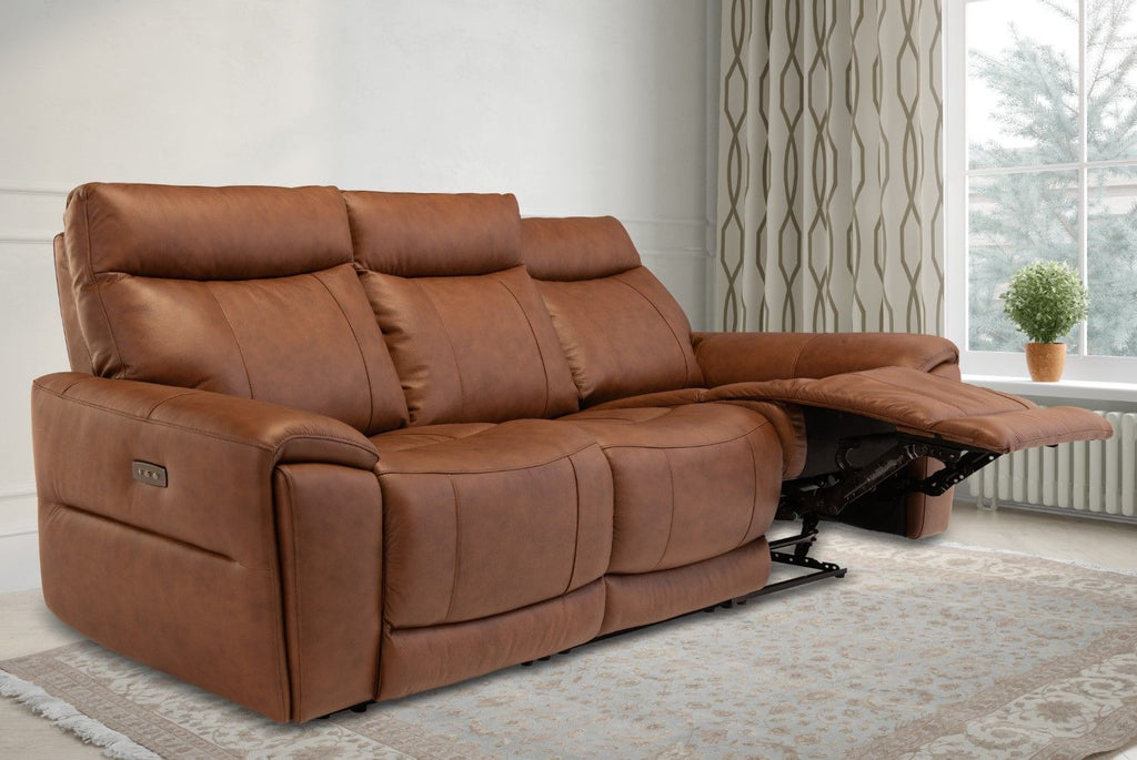 Vintage Tan Leather 3 Seater Electric Recliner Sofa