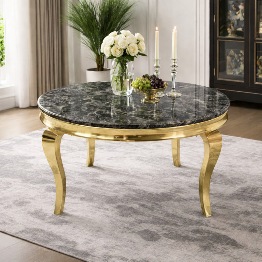 White Marble Effect 1.3m Round Dining Table with Gold Italian Style Legs (G Lewis)