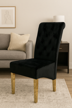 Black Velvet Dining Chair with Gold Ring Knocker and Gold Legs