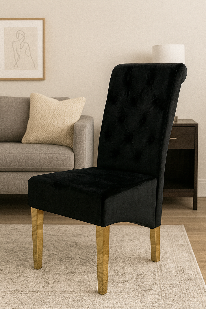 Black Velvet Dining Chair with Gold Ring Knocker and Gold Legs