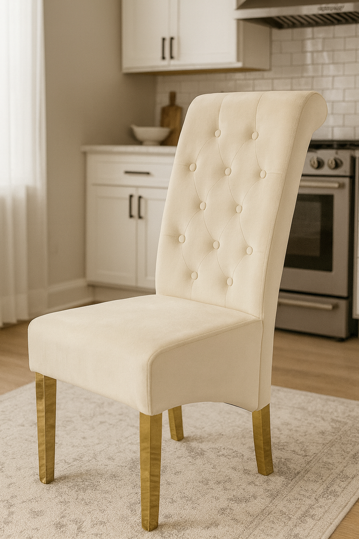 Cream Velvet Dining Chair with Gold Ring Knocker and Gold Legs