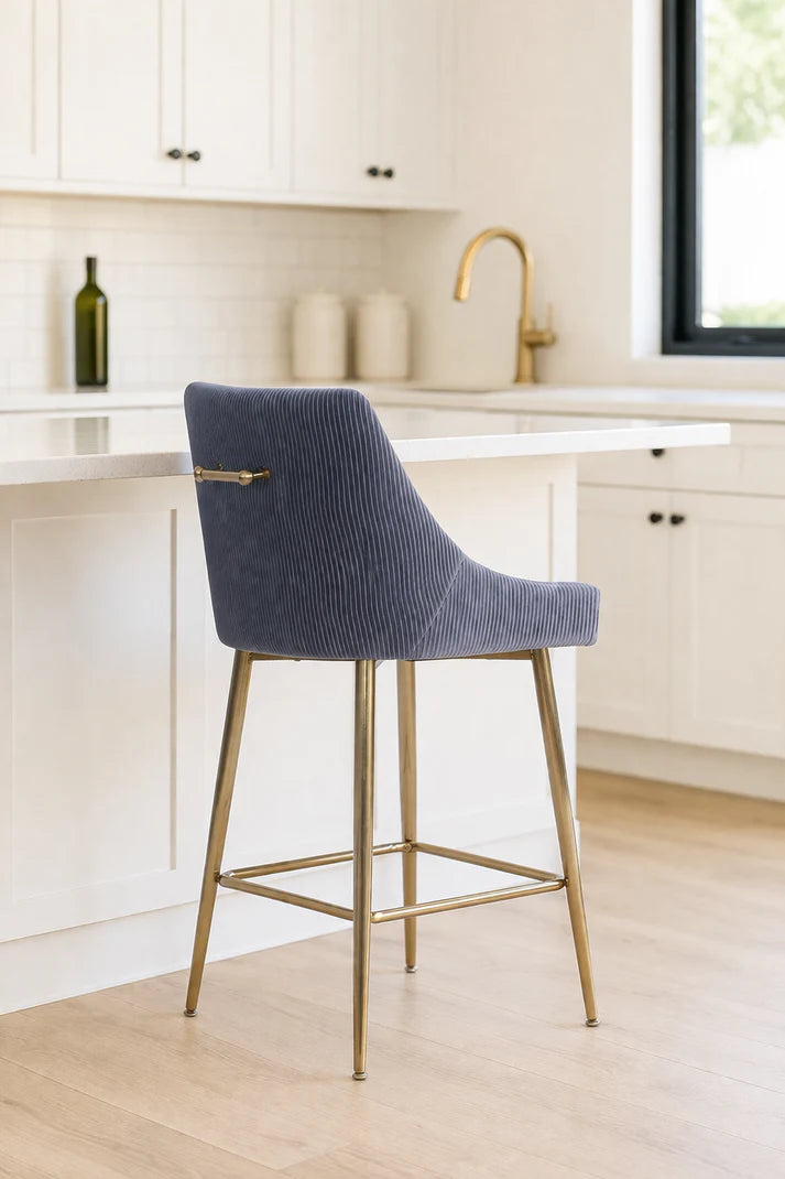 Dark Grey Ribbed Velvet Bar Stool with Gold Legs
