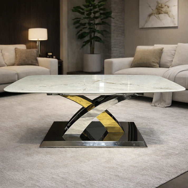 Cream Marble Effect Coffee Table with Silver and Gold Cross Base