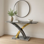 Grey Marble Effect Console Table with Silver and Gold Cross Pedestal Base