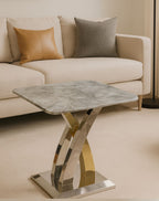 Grey Marble Effect Top Side Table with Polished Stainless Steel Cross Base