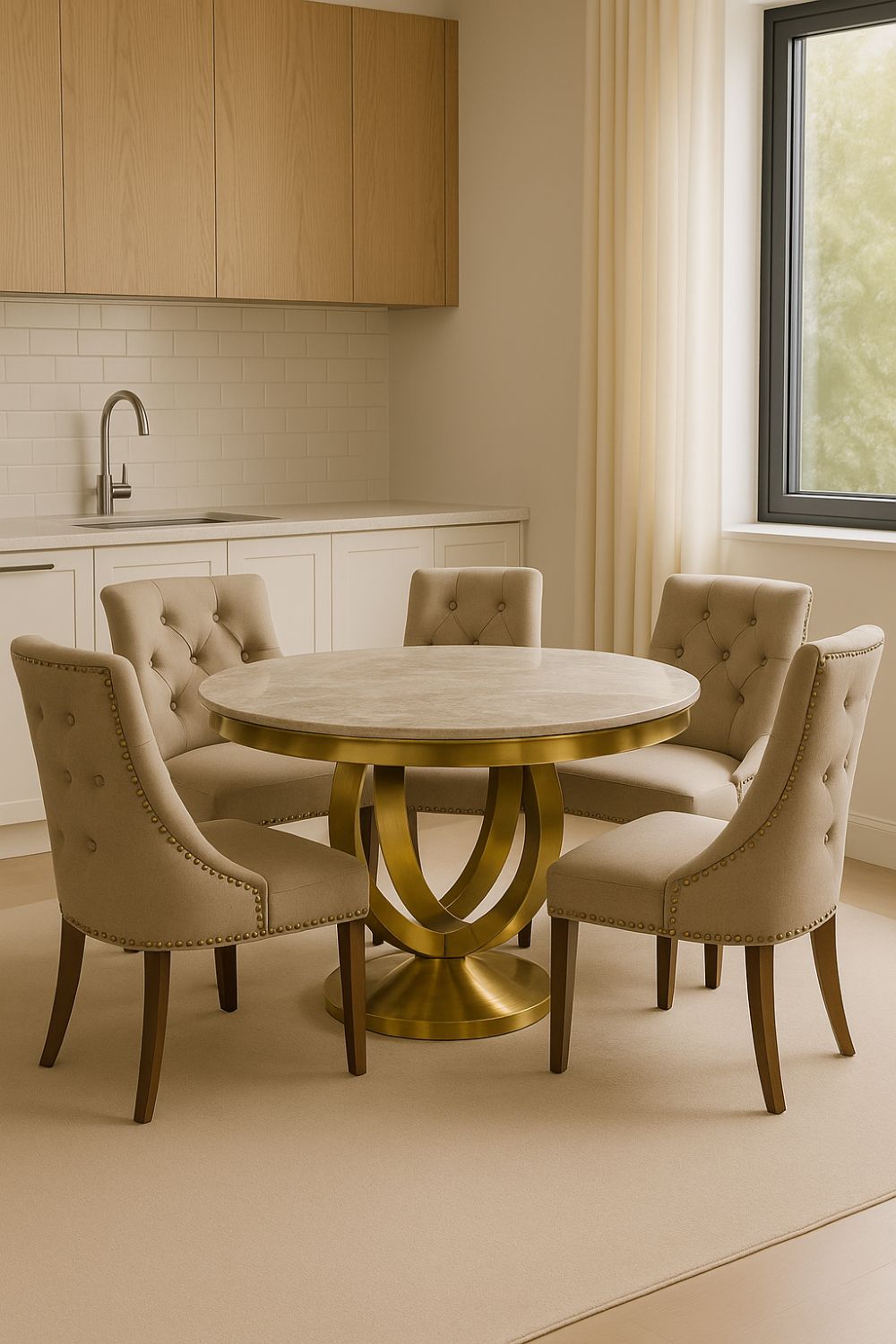 White Marble Effect 1.3m Round Dining Table with Gold Pedestal Base