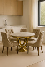 White Marble Effect 1.3m Round Dining Table with Gold Pedestal Base