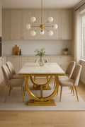 White Marble Effect 2.0m/1.8m Dining Table with Gold Circular Pedestal Base
