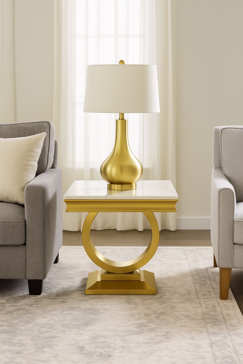 White Marble Effect Lamp Table with Brushed Gold Circular Pedestal Base
